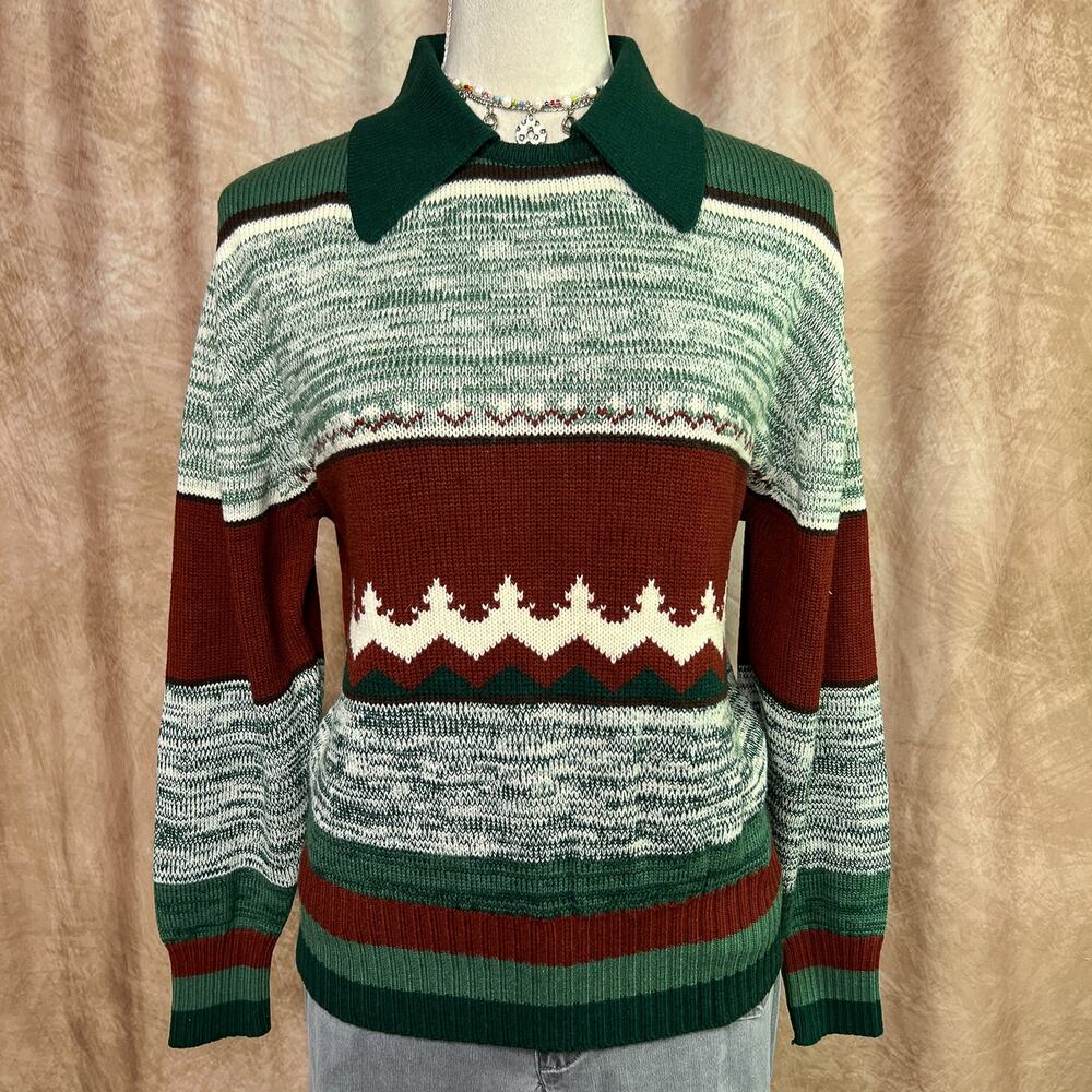 Vintage 70s Fair Isles Sweater Collared Long Sleeve Striped Multicolor Knit Ski
